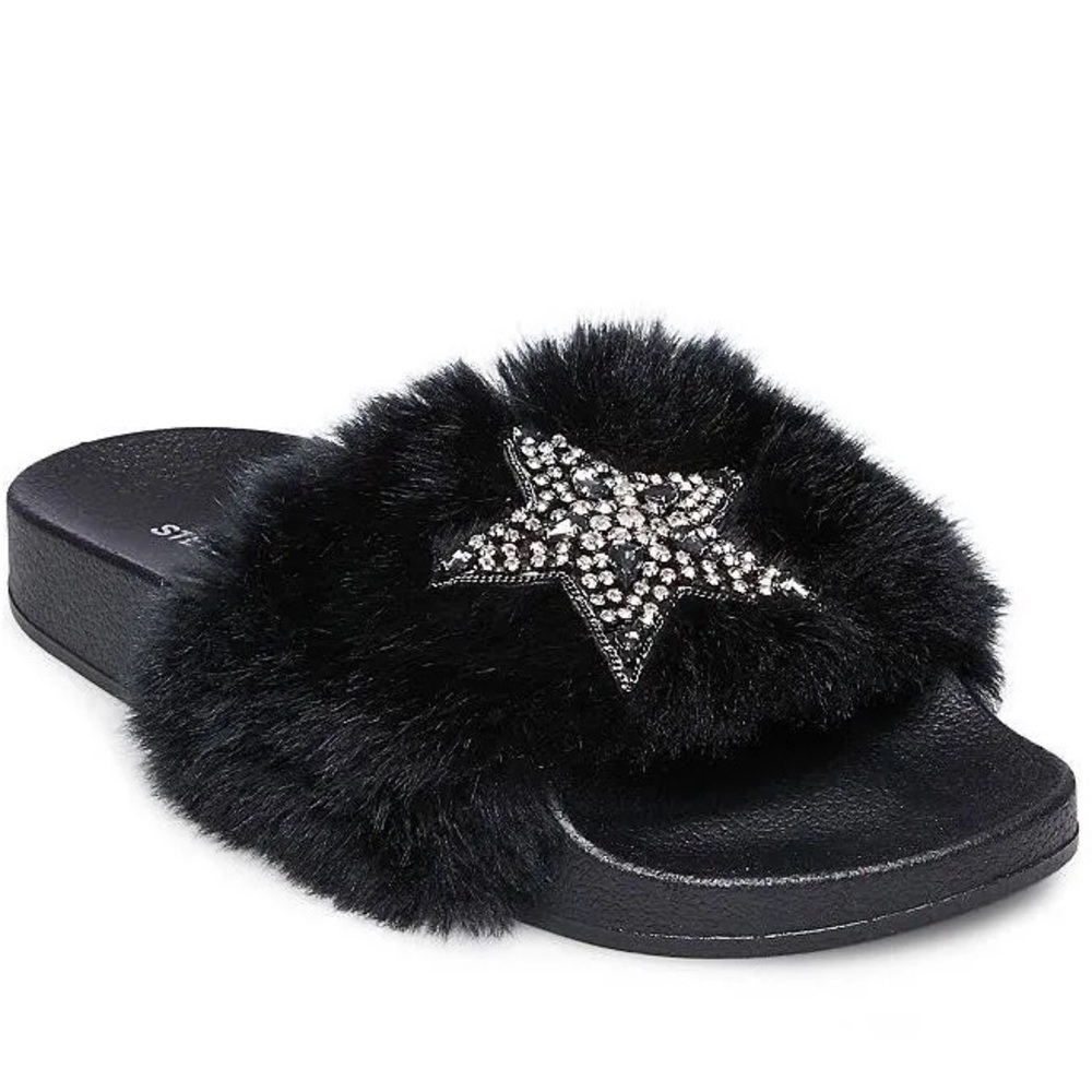 Steve Madden Black Faux Fur Shimmer Embellished Star Slide Sandals